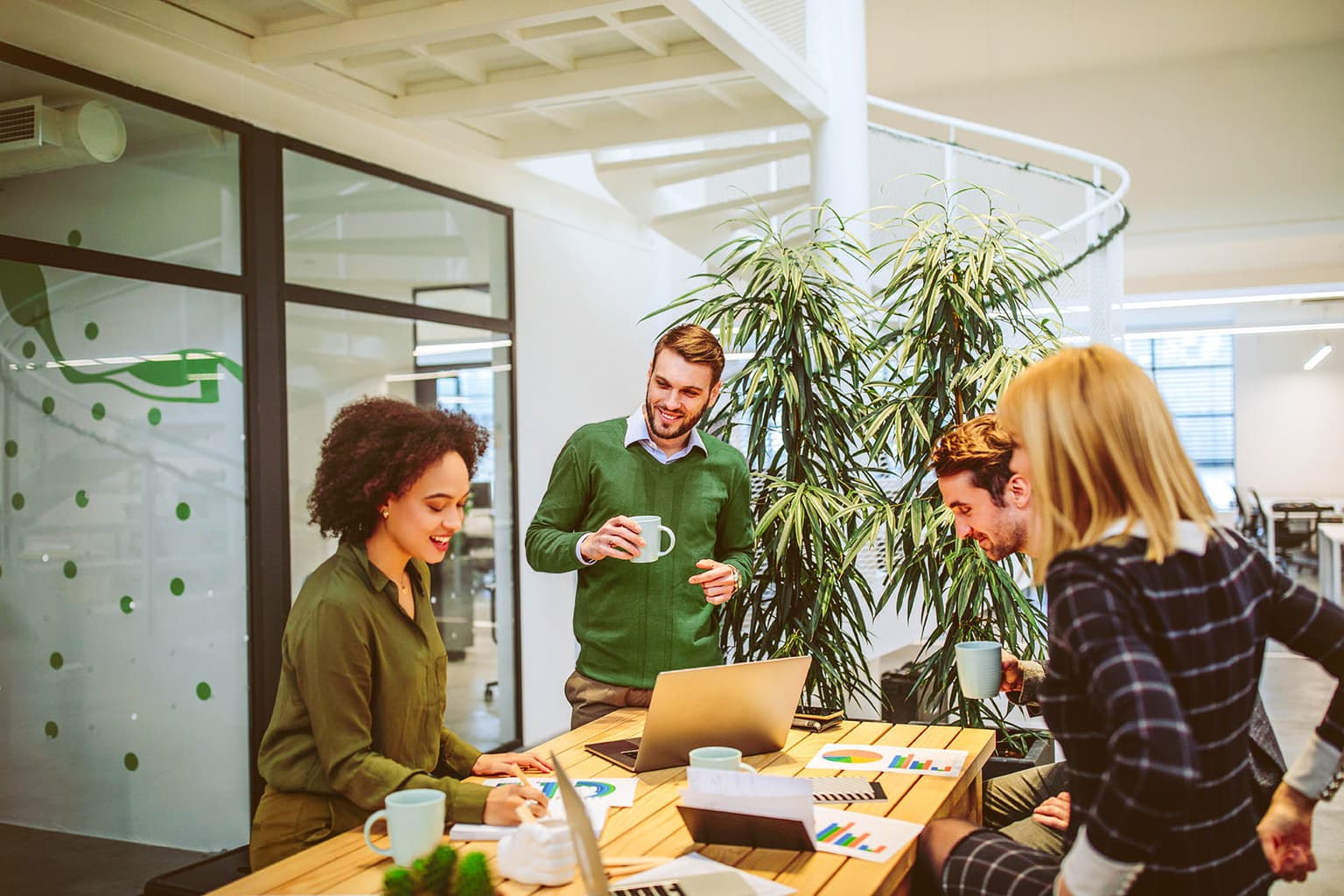 Diverse Kollegen besprechen Projekte an Holztisch mit Laptop und Diagrammen in modernem Büro mit Zimmerpflanzen.