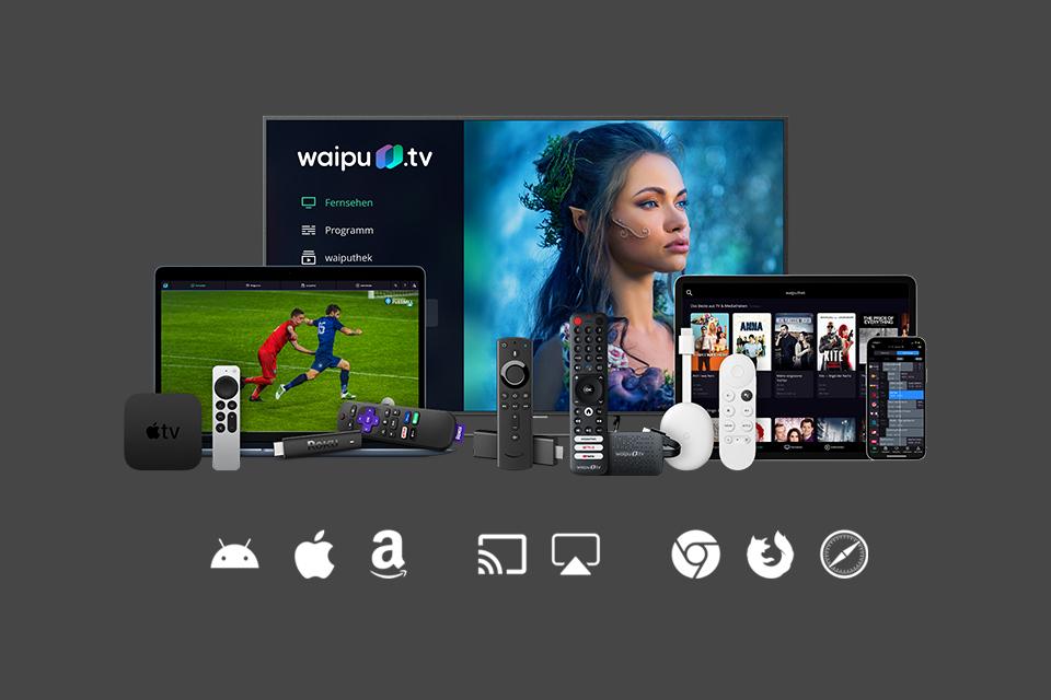 waipu.tv verschiedene Devices, Fernseher, Tablet, Apple TV, Amazon, Mobile, Streaming