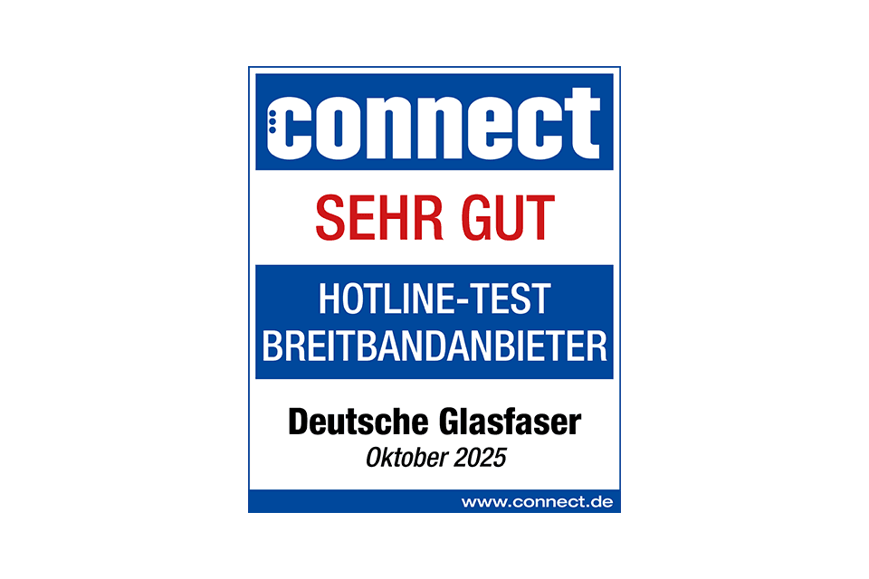 Connect-Auszeichnung "SEHR GUT" für Deutsche Glasfaser im Hotline-Test für Breitbandanbieter, Oktober 2025.