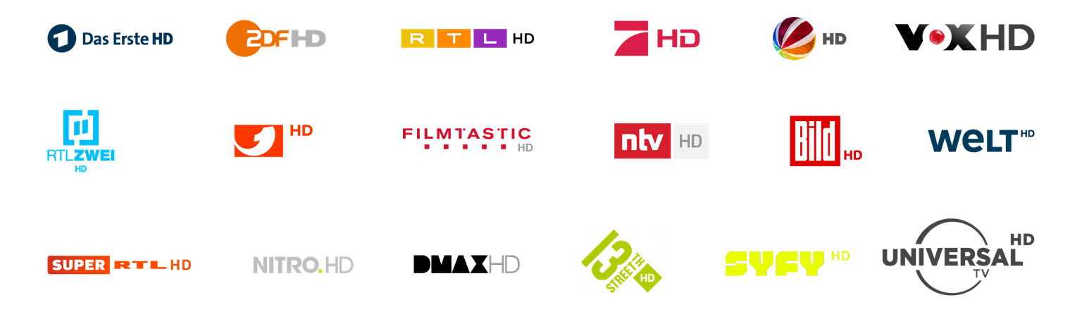 Senderliste waipu.tv: Das erste HD, ZDF HD, RTL HD, Prosieben HD, SAT1 HD, VOX HD, RTL 2 HD, Kabel 1 HD, Filmtastic HD, ntv HD, Bild HD, WELT HD, SUPER RTL HD, NITRO DH, DMAX HD, 13 Street TH HD, SYFY HD, UNIVERSAL HD