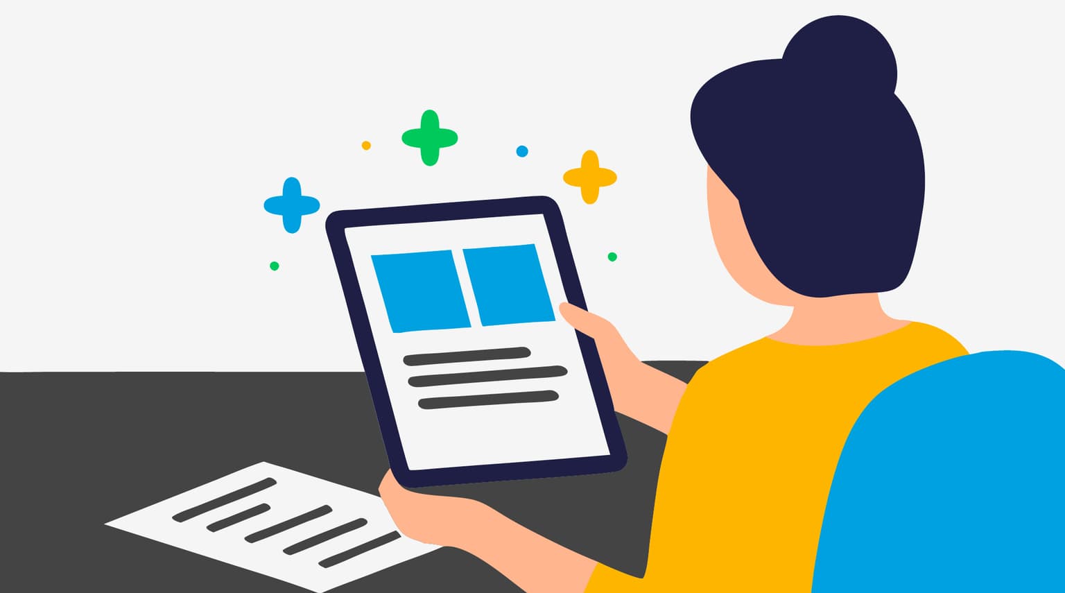 Die Grafik zeigt eine Person, die ein Dokument in der Hand hält. Ein weiters liegt auf dem Tisch vor ihr. Die Person sitzt auf einem Stuhl und ist von hinten zu sehen.