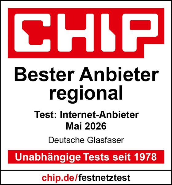 CHIP-Siegel: Bester Anbieter regional, Test Internet-Anbieter Mai 2026, Deutsche Glasfaser, unabhängige Tests seit 1978.