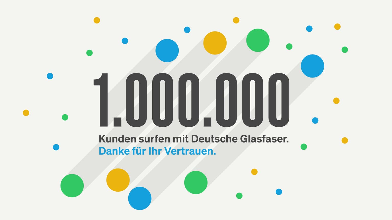 Grafik mit bunten Punkten und dem Text: 1.000.000 Kunden surfen mit Deutsche Glasfaser. Danke für Ihr Vertrauen.
