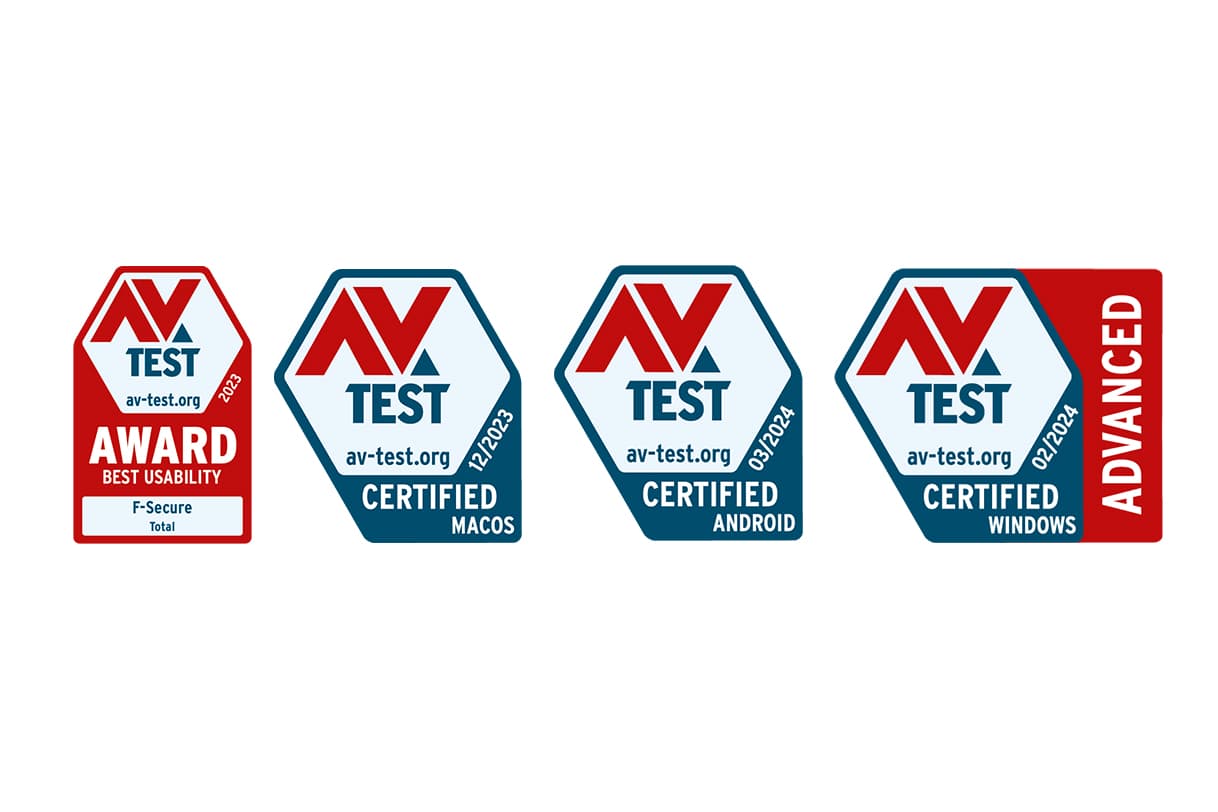 AV-TEST Zertifikate und Auszeichnungen für F-Secure: ein Award für beste Benutzerfreundlichkeit und Zertifizierungen für macOS, Android und Windows.
