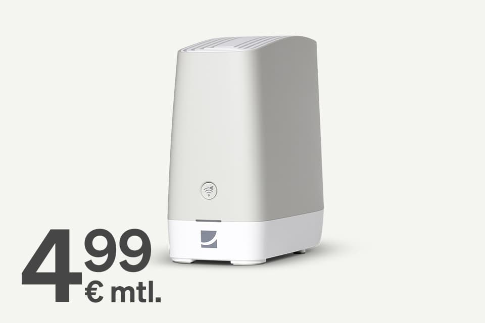 Weißer WLAN-Router oder Smart-Home-Gerät mit abgerundeter Oberseite und WLAN-Symbol, DG WLAN Plus Router mit Preis zzgl. 4,99 € mtl.