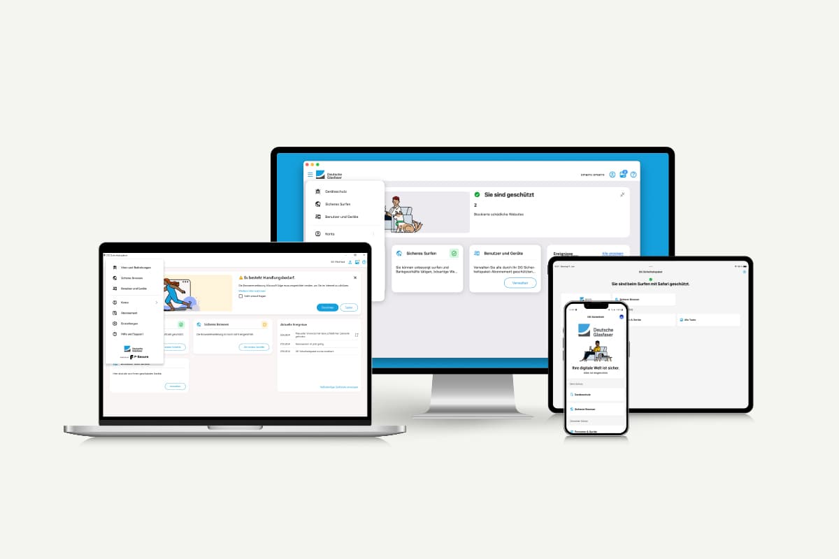 Responsive Ansicht der Sicherheitsplattform F Secure auf verschiedenen Geräten: Laptop, Desktop-Monitor, Tablet und Smartphone.