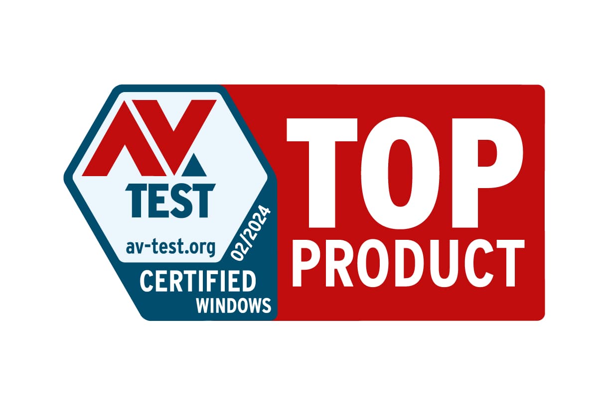 AV-TEST Zertifizierungssiegel mit "TOP PRODUCT" Auszeichnung für Windows-Software, datiert 02/2024.