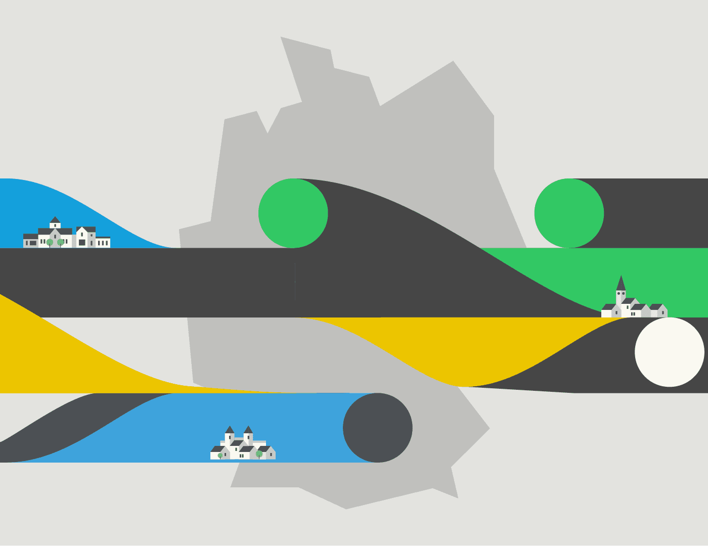 Illustration von der Deutschlandkarte mit bunten Elementen: Städte und Dörfer