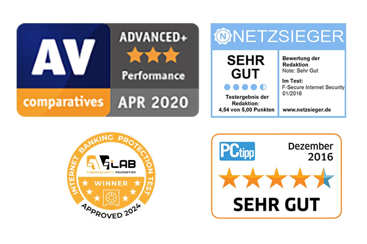 Auszeichnungen und Zertifikate für Cybersicherheitssoftware, darunter AV-Comparatives (2020), Netzsieger und GLAB-Siegel (2024).