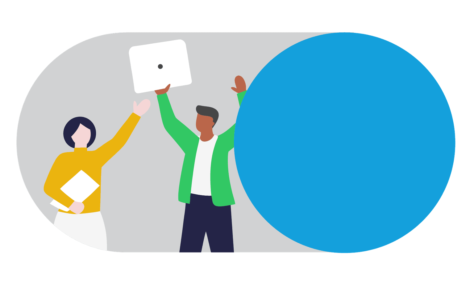 Die Grafik zeigt 2 Personen. Eine hält einen Laptop in der Hand, die andere eine Mappe. Beide haben einen oder beide Arme in der Luft und machen den Eindruck glücklich zu sein. Im rechten drittel der Grafik ist ein Störer integriert. Dieser ist ein blauer Kreis.