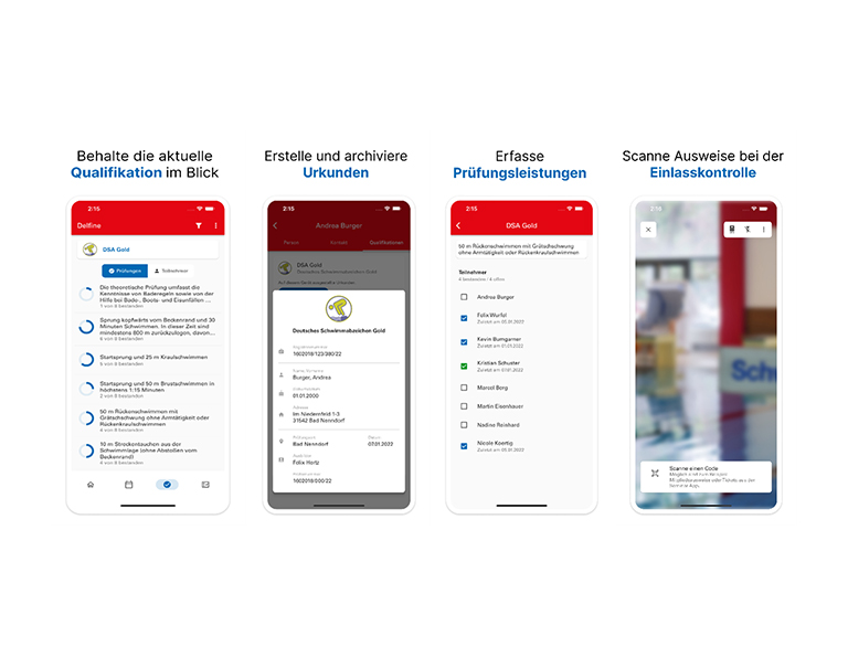 Screenshots der DLRG Trainer-App zu Qualifikationen, Urkunden, Prüfungsleistungen und Einlasskontrolle.
