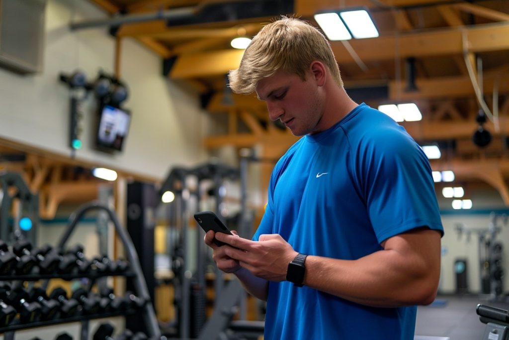 Mann im Fitnessstudio der seine Gewohnheiten trackt