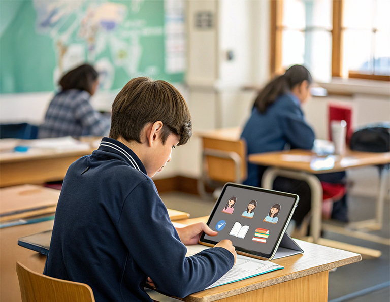 Ein Schüler in blauem Hemd sitzt in einem Klassenzimmer vor einem Tablet und nutzt ein Lernprogramm.