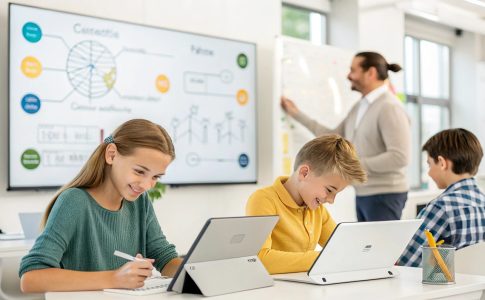 Drei Schüler sitzen in einem Klassenraum an Laptops. Im Hintergrund ist ein Lehrer an einer digitalen Tafel zu sehen.