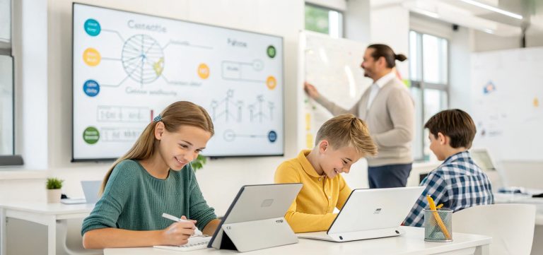 Drei Schüler sitzen in einem Klassenraum an Laptops. Im Hintergrund ist ein Lehrer an einer digitalen Tafel zu sehen.